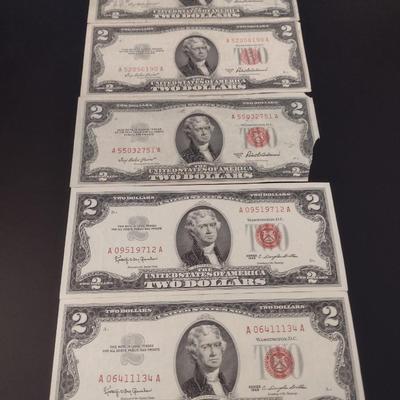 Set of Five Red Seal $2 Paper Currency Various Series and Years