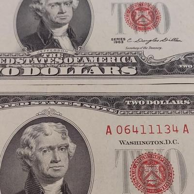 Set of Five Red Seal $2 Paper Currency Various Series and Years