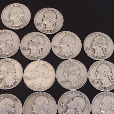 Assortment of 1950-1959 U.S. Mint Washington Head Silver Quarters Circulated (#87)
