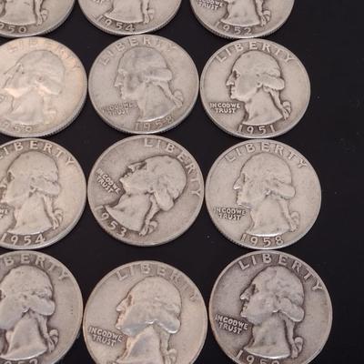 Assortment of 1950-1959 U.S. Mint Washington Head Silver Quarters Circulated (#87)