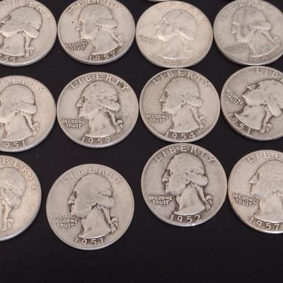 Assortment of 1950-1959 U.S. Mint Washington Head Silver Quarters Circulated (#87)