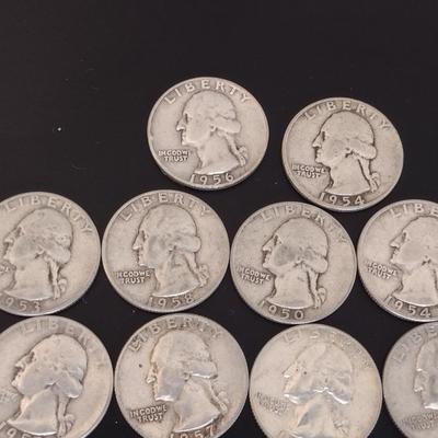 Assortment of 1950-1959 U.S. Mint Washington Head Silver Quarters Circulated (#87)