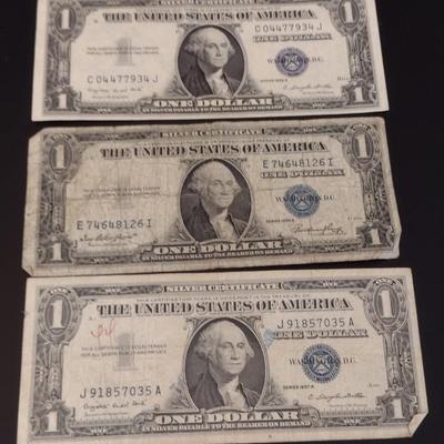 Set of Three U.S. Mint Silver Certificate $1 Paper Currency Various Dates