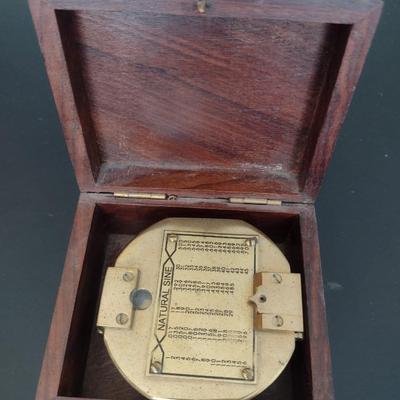 Vintage Natural Sine Brass Case Compass with Wood Storage Box