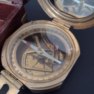 Vintage Natural Sine Brass Case Compass with Wood Storage Box