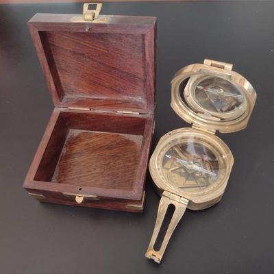 Vintage Natural Sine Brass Case Compass with Wood Storage Box