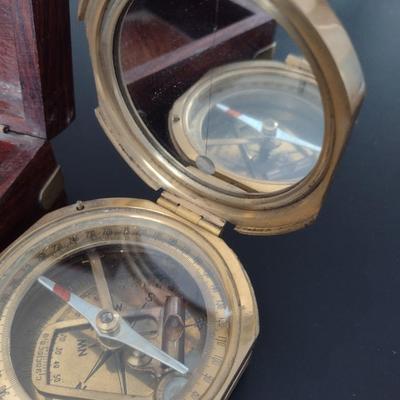 Vintage Natural Sine Brass Case Compass with Wood Storage Box
