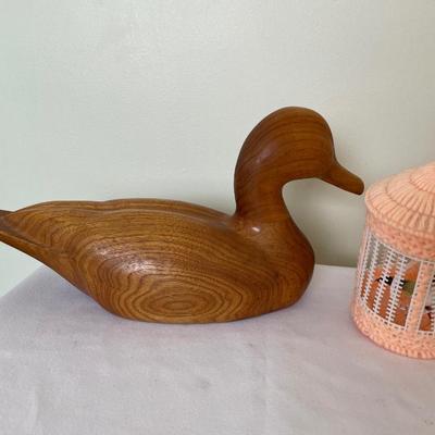 Butternut Wood duck signed by KA Nyhus & handmade birdcage