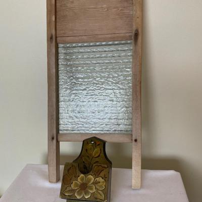 Vintage glass and wood washboard with fold art match holder
