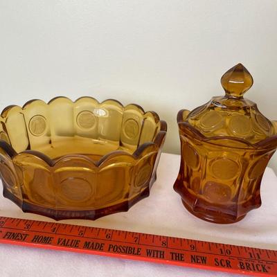 Fostoria coin amber glass sugar and large bowl