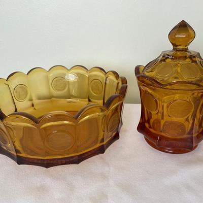 Fostoria coin amber glass sugar and large bowl
