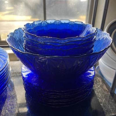 Sale Photo Thumbnail #31: Made in France Cobalt Blue Jelly Jar Glasses
11 small, 10 large glasses

Pyrex Festiva Cobalt Blue Plates and Bowl

Avon Royal Saphire Bowls and Plates