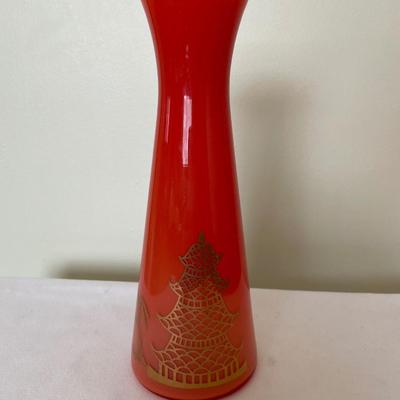 Vintage coral Asian pagoda orange vase