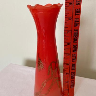 Vintage coral Asian pagoda orange vase