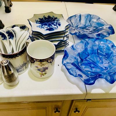 Blue Art Glass Kitchen Lot