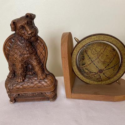 Dog and 2 globe Book ends