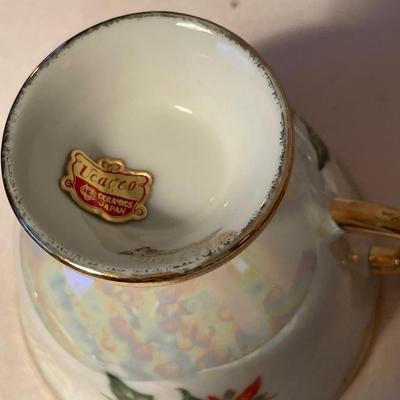 UCAGCO Footed Tea Cup & Saucer December Pointsettia Iridescent Pearl Japan