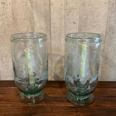 D1022 Pair of Etched Seahorse Nautical Hurricane Vases with Candles