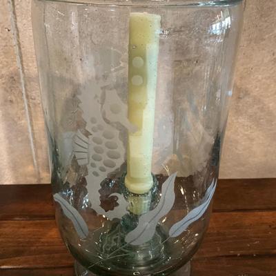 D1022 Pair of Etched Seahorse Nautical Hurricane Vases with Candles