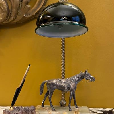 Antique Sterling Silver Horse Desk Lamp with Marble Base and Crystal Pen Holder