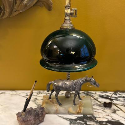 Antique Sterling Silver Horse Desk Lamp with Marble Base and Crystal Pen Holder