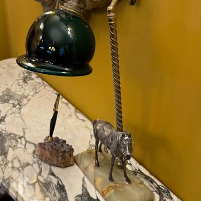 Antique Sterling Silver Horse Desk Lamp with Marble Base and Crystal Pen Holder