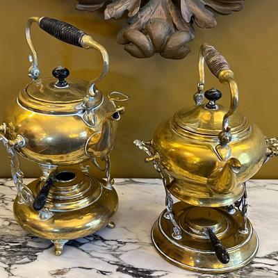 2 Antique Brass Tilting Teapots with Warmers
