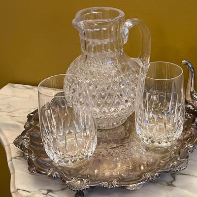 Crystal Pitcher/Glasses Set with Silverplated Tray