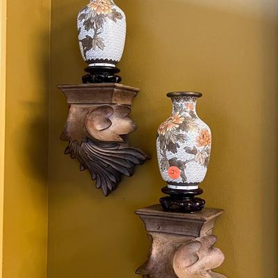 Pair of Chinese Enamel Brass Cloisonne Vases w/ Stands and Wall Shelves