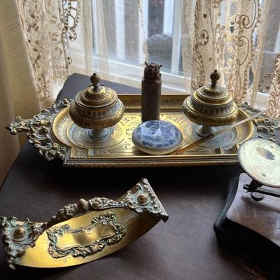 Antique Brass Ink Wells, Rocking Ink Blotter, and Postal Scale Lot