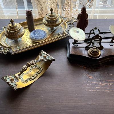 Antique Brass Ink Wells, Rocking Ink Blotter, and Postal Scale Lot