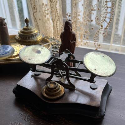 Antique Brass Ink Wells, Rocking Ink Blotter, and Postal Scale Lot