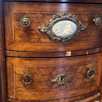 Antique French Louis XV Style Rouge Marble Top Bombe Commode Nightstand Side Table
