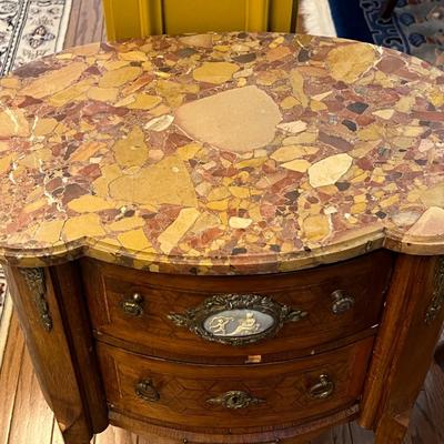 Antique French Louis XV Style Rouge Marble Top Bombe Commode Nightstand Side Table