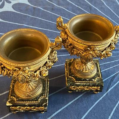 Pair of Antique Continental Gilt Bronze Urns with Marble Bases