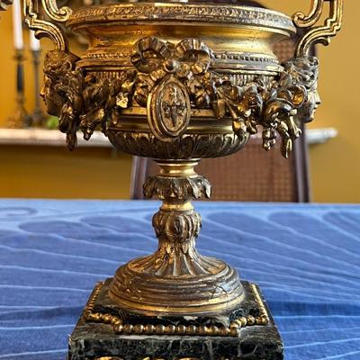 Pair of Antique Continental Gilt Bronze Urns with Marble Bases