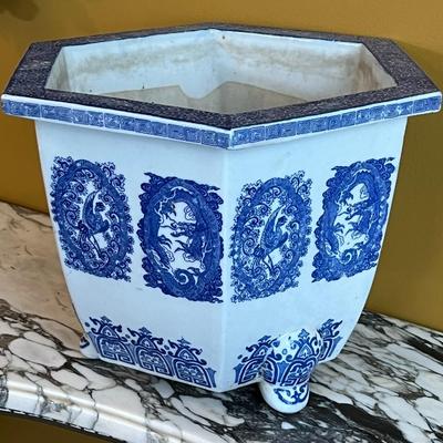 Hexagonal Large Antique China Blue and White Fower Pot