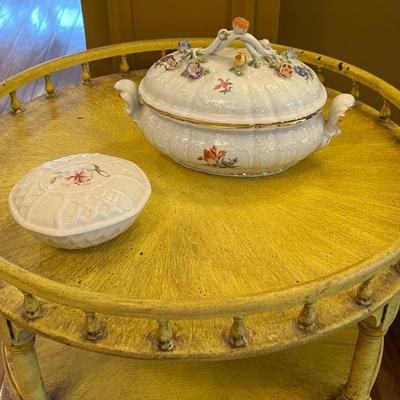 Mid-Century 3-Tiered Table w/ Meissen Small Lidded Tureen