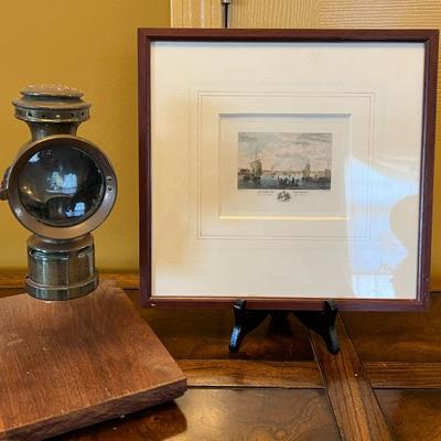 Antique Brass Bicycle Lamp and Le Port de Boulogne Framed Watercolor