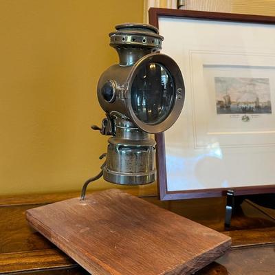Antique Brass Bicycle Lamp and Le Port de Boulogne Framed Watercolor