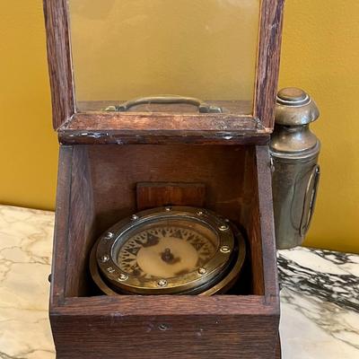 Antique Nautical Ship Compass with Wood Box