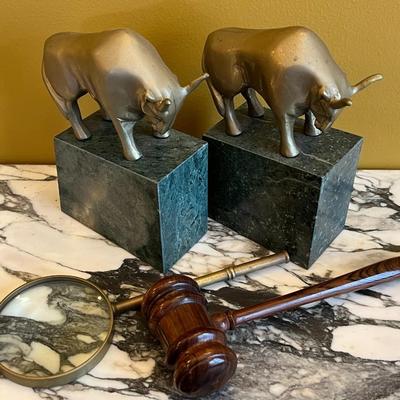Art Deco Brass Bull on Marble Book Ends with Wood Gavel and Brass Magnifying Glass
