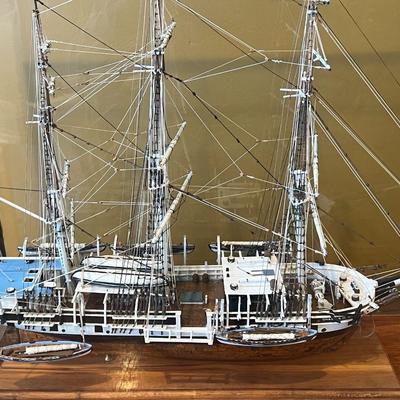 1968 Handmade and Painted Wooden Ship (scale 5/32) w/ Glass Display Case and Antique Nautical Instrument