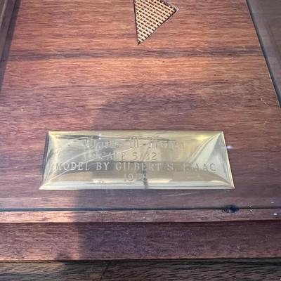 1968 Handmade and Painted Wooden Ship (scale 5/32) w/ Glass Display Case and Antique Nautical Instrument
