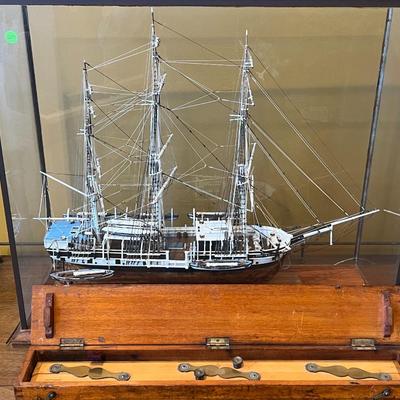 1968 Handmade and Painted Wooden Ship (scale 5/32) w/ Glass Display Case and Antique Nautical Instrument