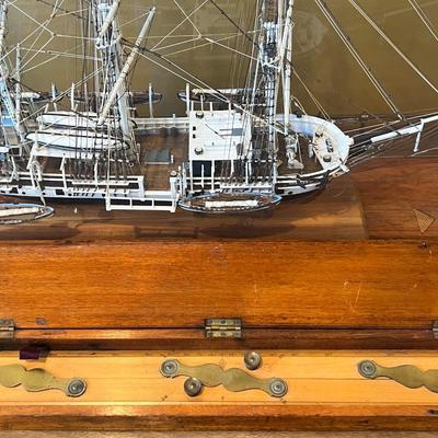 1968 Handmade and Painted Wooden Ship (scale 5/32) w/ Glass Display Case and Antique Nautical Instrument