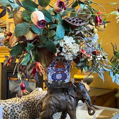 Cast Bronze Elephant w/ Vase Plant Stand