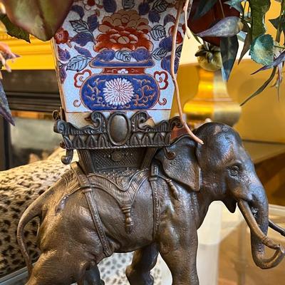 Cast Bronze Elephant w/ Vase Plant Stand