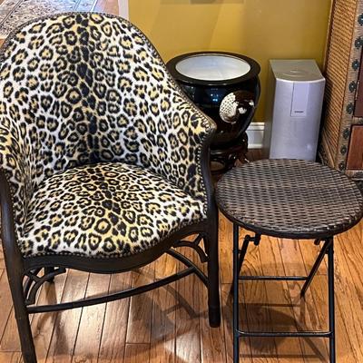 Mid Century French Style Leopard Print Chair w/ Side Table
