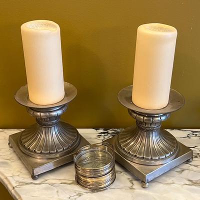 Candle Holders w/ Silver Rimmed Glass Coasters